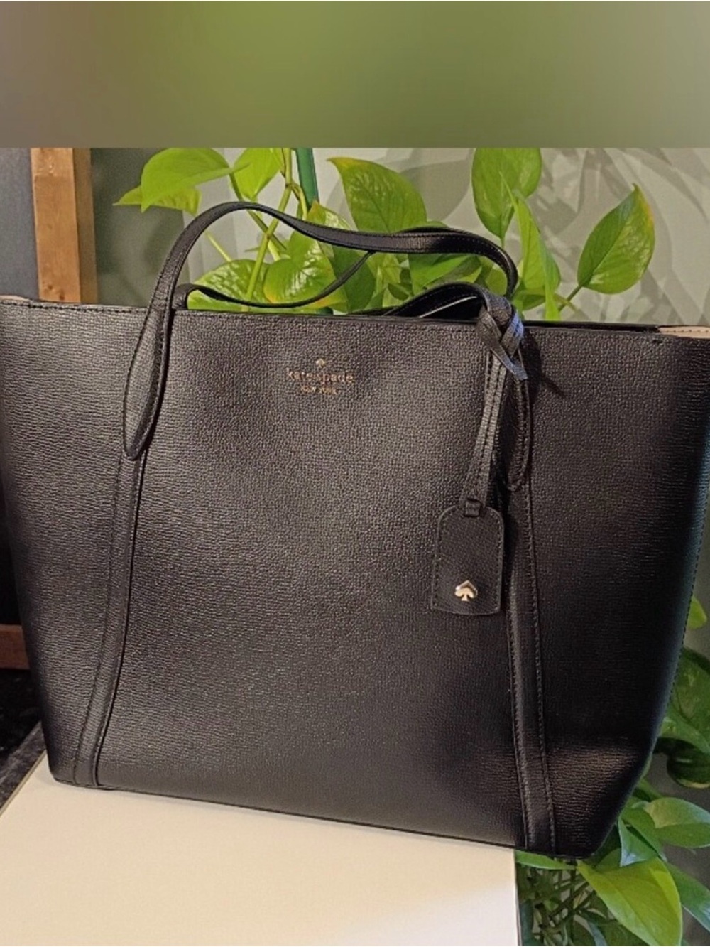 kate spade Black Leather Saffiano Tote with Logo Charm